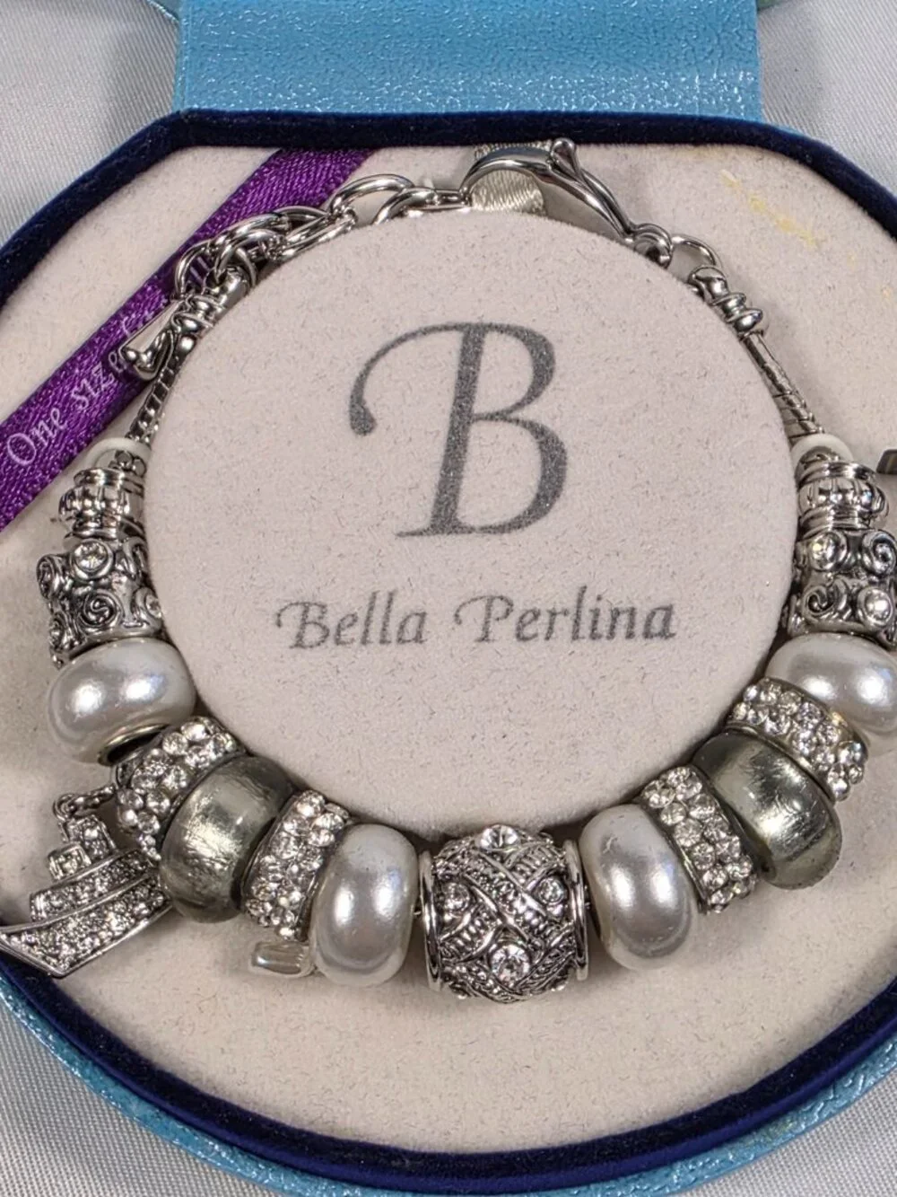 Bella Perlina Silver-Tone Charm Bracelet White Pearl Beads Crystal Accents NEW